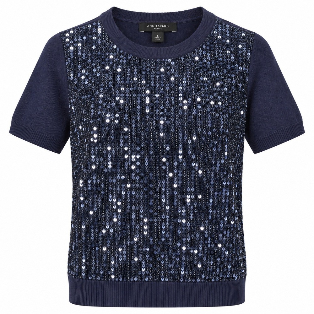 Ann Taylor Petite Sequin Sweater Top Navy Blue NWT Small Holiday Party